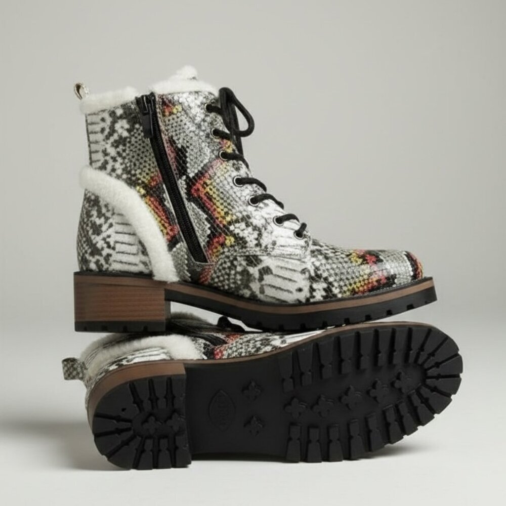 Wild Edge Shearling Snakeskin Combat Lace Boot